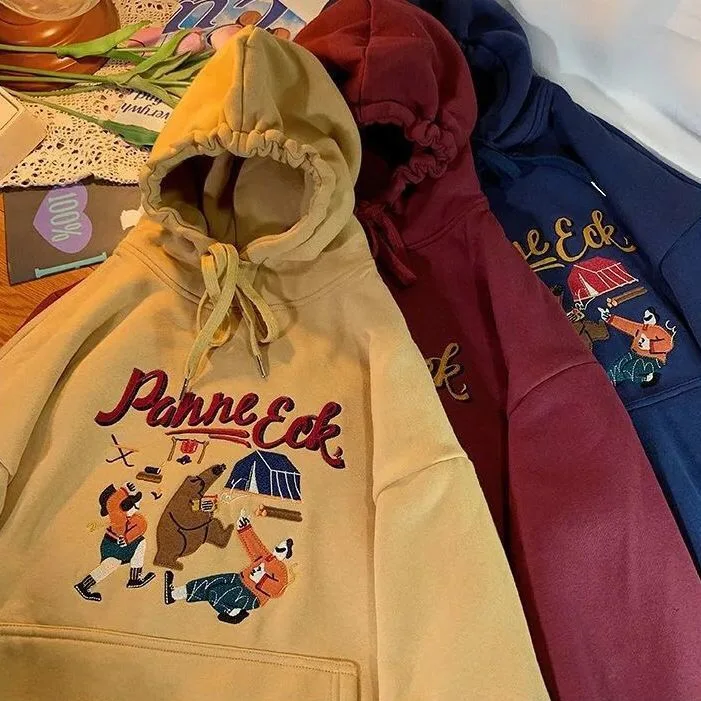 

autumn and winter new casual Korean cartoon embroidery hoodie sweatshirt women loose wild pullover cotton sweatshirt