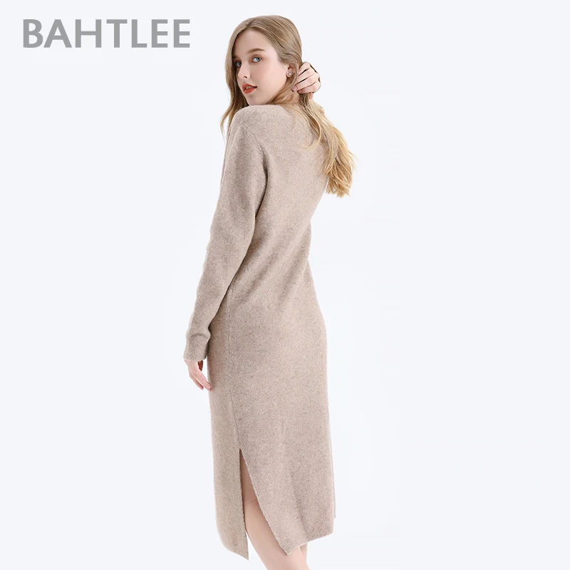 BAHTLEE Женский бархатный длинный пуловер из яка, свитер на осень и зиму, шерстяной вязаный джемпер с длинными рукавами и v-образным вырезом, свободный стиль