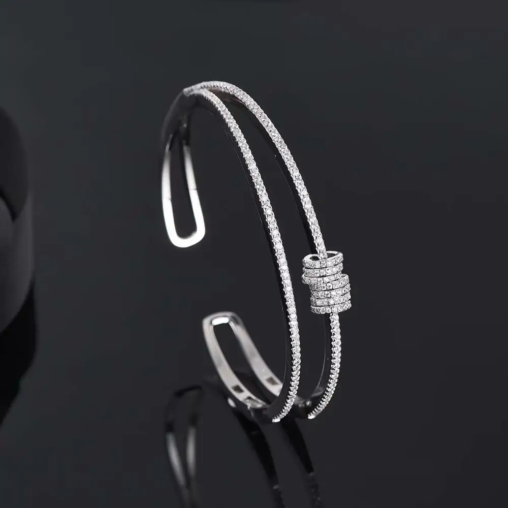

925 Sterling Silver Women's Double Row Multi-Ring Bracelet Irregular Adjustable Simple Personality Crystal Cuff Bracelet