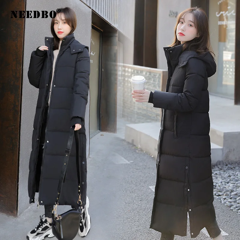NEEDBO Ladies Long Warm Down Coat With Hoodie Down Jacket Winterr Coat Cultivate Morality Fashion Women's Overcoats 2021