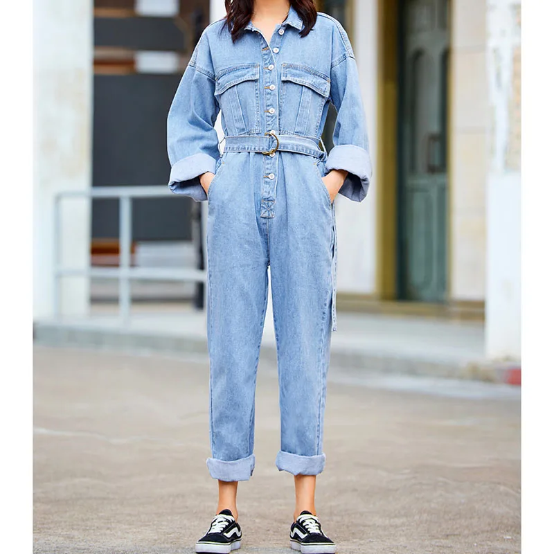 PERHAPS U Blue Denim Jeans Turn Down Collar Full Sleeve Long Jumpsuit Sash Casual High Street Women J0022 |