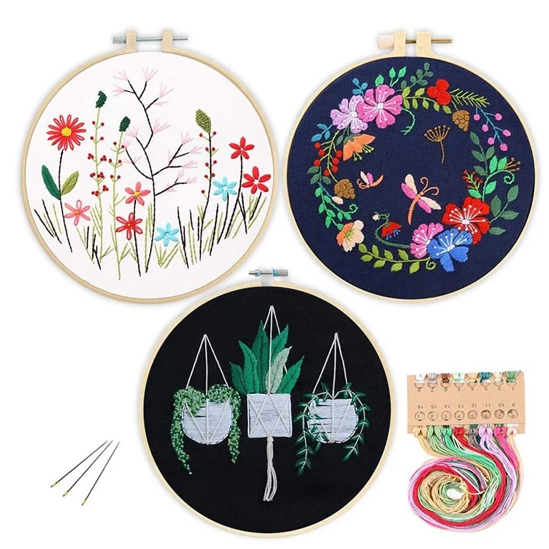 

3 Pack Embroidery Starter Kit Embroidery Cloth with Pattern Embroidery Hoop Color Threads Tools Kit for DIY Decoration