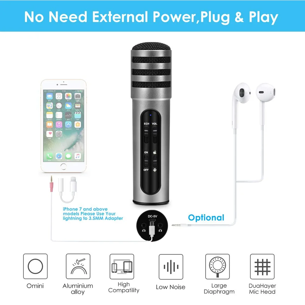 

Karaoke Microphone with Sound Card Recording Phone Computer Intelligent Compatible Entertainment Singing Condenser Microphone