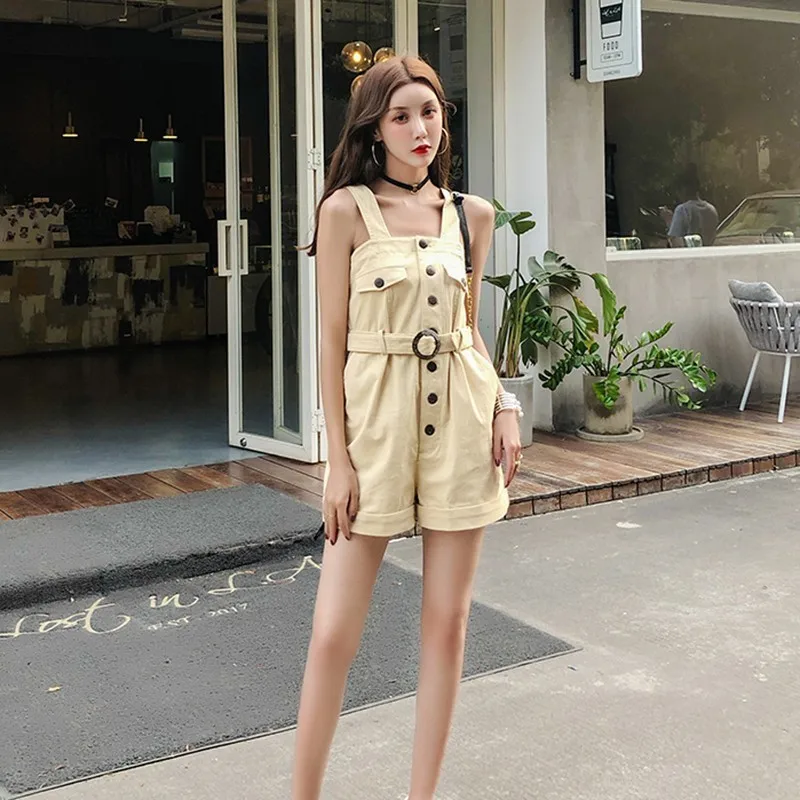 

GALCAUR Summer Casual Wide Leg Women's Playsuits Spaghetti Strap High Waist Slim Button Pockets Female Khaki Playsuits 2020 Tide