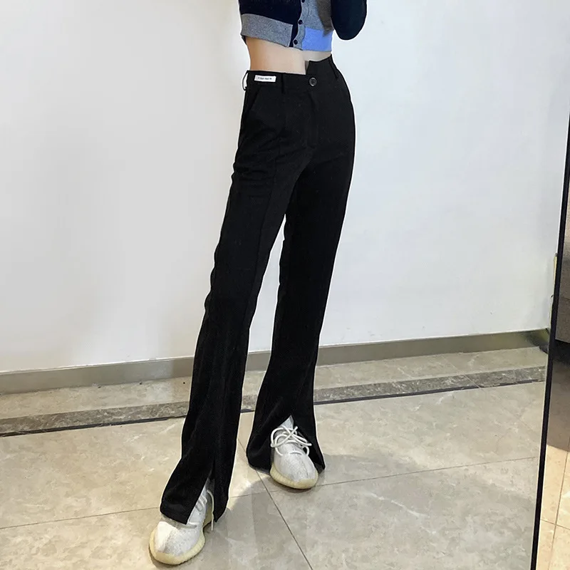

Europe and the United States winter fashion new women's high waist slim micro speaker split simple versatile casual pants