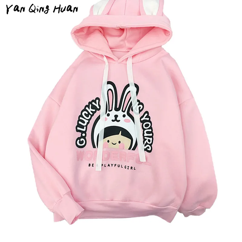 

Plus Velvet Thick Hoodeds Winter Women's Fashion Cartoon Anime Harajuku 2020 New Loose Korean Rabbit Ear Coat Tops Sweatshirt
