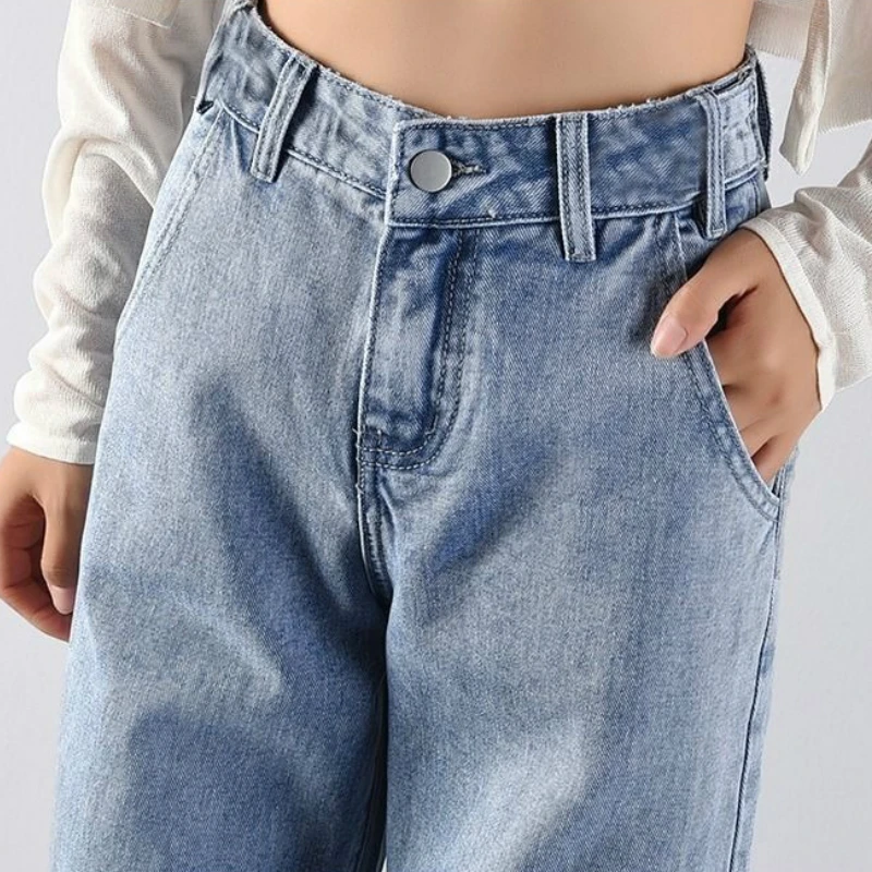 Джинсы женские с широкими штанинами, длинные однотонные винтажные брюки из денима с завышенной талией в Корейском стиле, модные Универсаль... от AliExpress WW