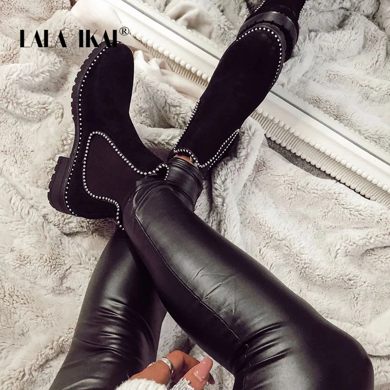 LALA IKAI Ankle Boots Women Winter Outdoor Leopard Flock Warm Shoes Female Mid Heels Casual Slip-On zapatos de mujer XWA9587-4 | Обувь