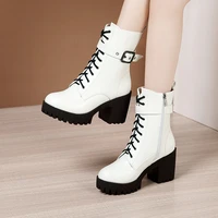 plus size 32 43 platform boots women ankle boots leather 2022 fall winter high heels boots ladies plush motorcycle boots
