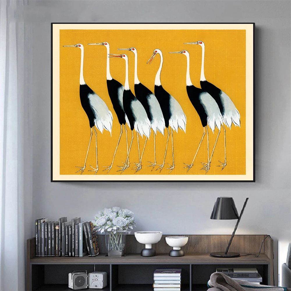 Винтажный Японский постер с красной короной и журавлем традиционное японское