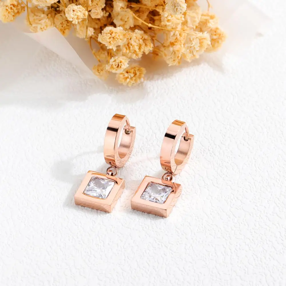 Rose Gold Color Square inlay CZ Hoop Earrings For Women Stainless Steel Ear Jewelry Gift Drop Shipping | Украшения и аксессуары