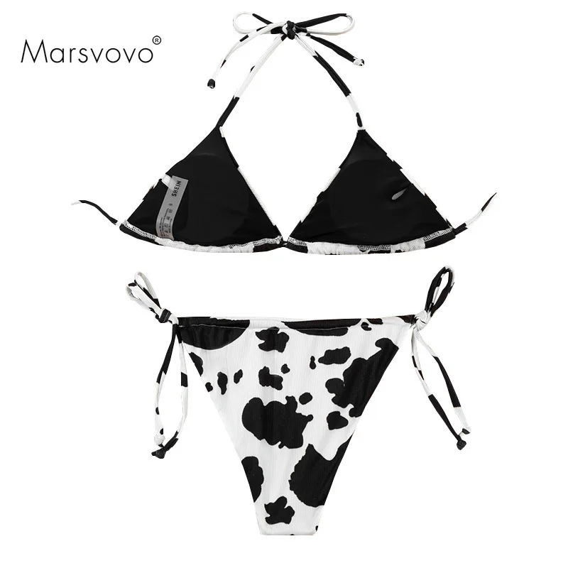 

Swimwear Women Two-pieces Leopard Printed Beach Wear Sexy Backless Bandage Cow Print Triangle Mico Bikini Bathing Suit 2021