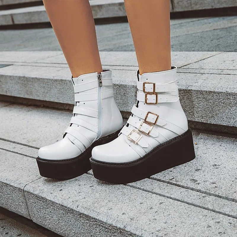US4-13 женские ботильоны с круглым носком на платформах ремешками и пряжкой обувь в