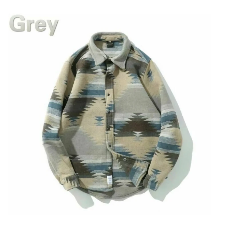 Harajuku Hip Hop Shirts Geometric Graphic Long Sleeve Shirts Men National Style Shirt Autumn Streetwear Cotton Tops Tees