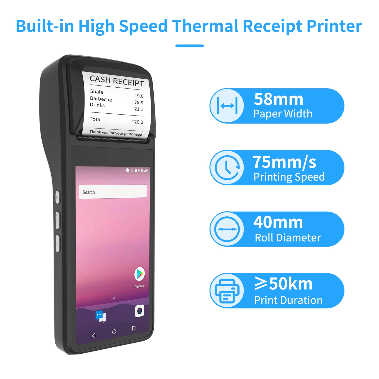 Aibecy 5.0-дюймовый портативный PDA POS-терминал с термопринтером для печати чеков 58 мм Android 7.0 с поддержкой 3G WiFi BT GPS OTG и сканированием 1D/2D.