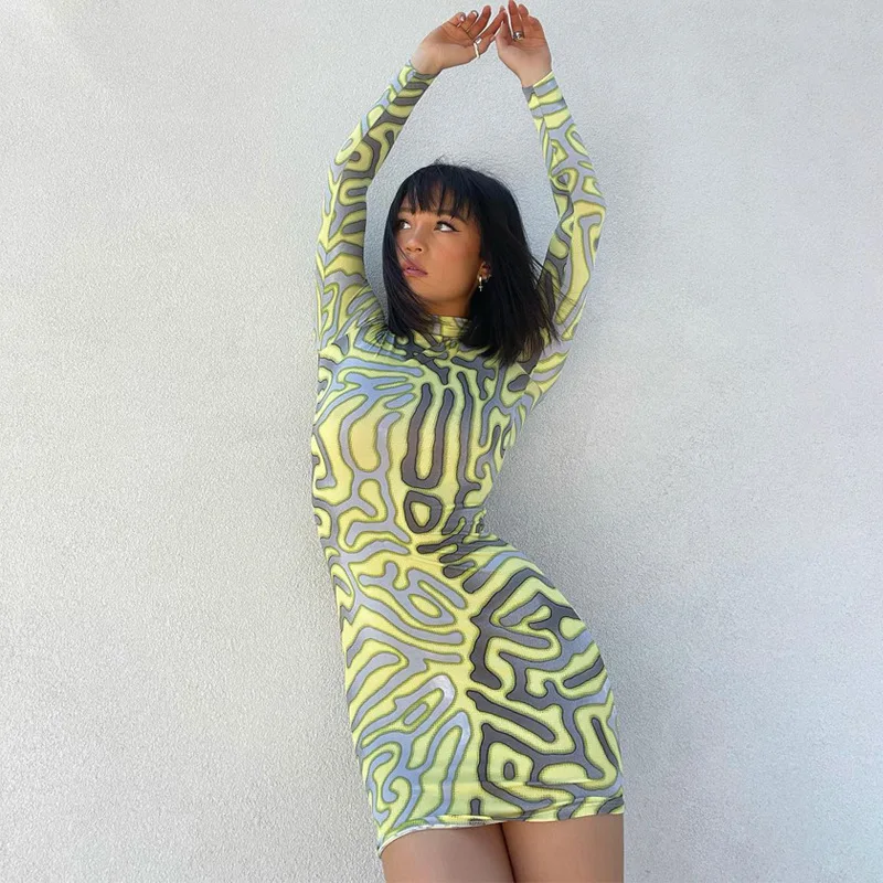 

Облегающее платье Tie Dye, женское мини-платье с длинным рукавом, воротником-стойкой и принтом, Соблазнительные вечерние клубные платья, Осенн...