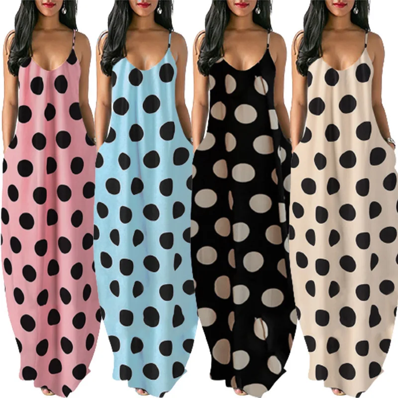 

Summer Dress New 2021 Women Fashion Polka Dot Print Deep V-neck Sleeveless Maxi Dress Ladies Loose Beach Long Dresses