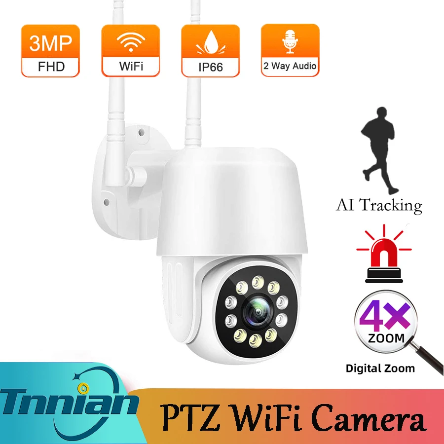 

IP-камера 3 Мп с Wi-Fi и автослежением, Водонепроницаемая PTZ-камера IP66 с ночным видением, датчиком движения, 4-кратным цифровым зумом, камера виде...