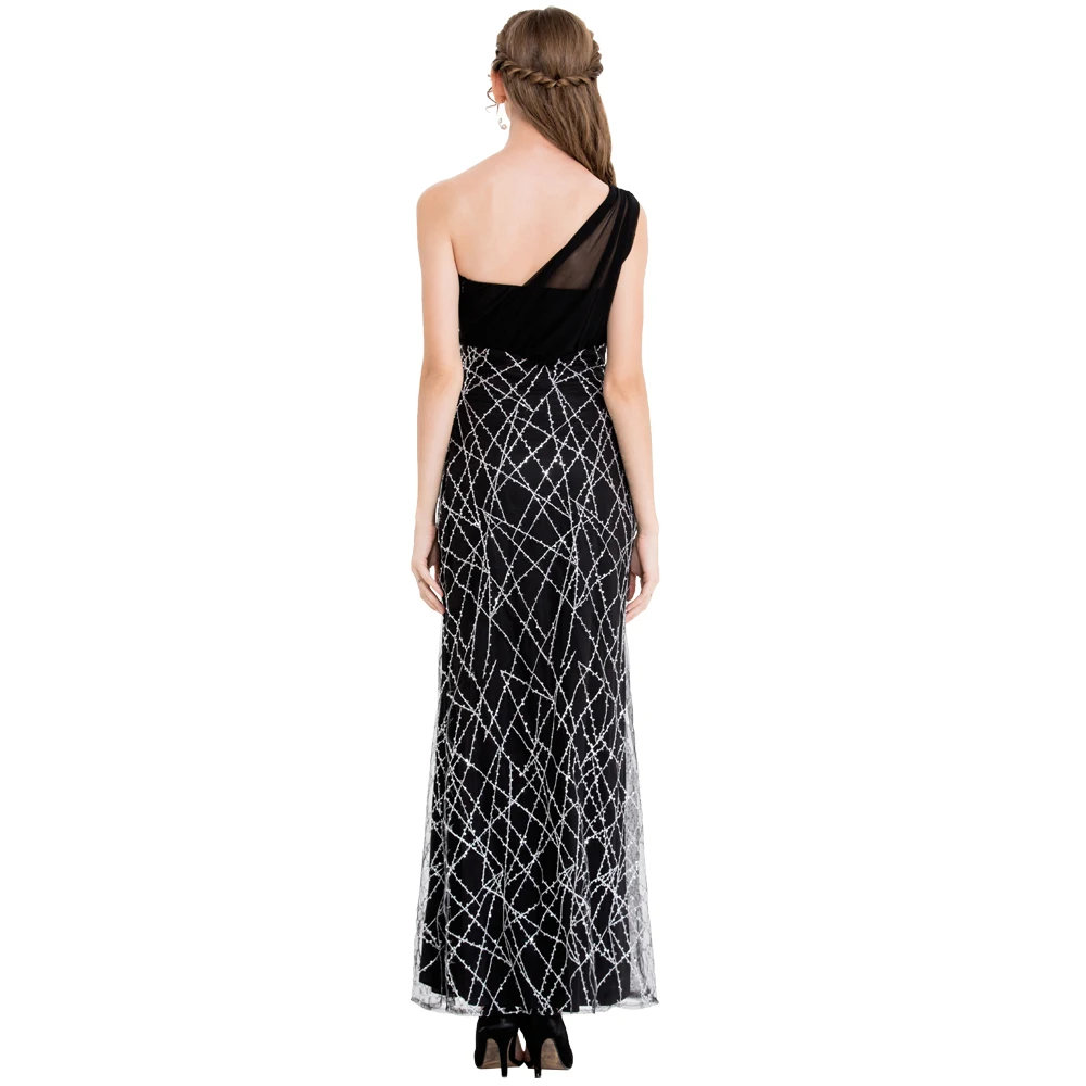Angel-fashions Women's One Shoulder Evening Dresses Pleat Beading Sequin Mermaid Party Gown Black 391
