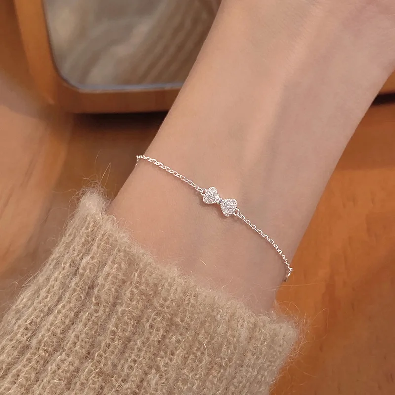 

925 Sterling Silver Zircon Bowknot Charm Bracelet For Women Girls Party Wedding Trendy Accessories Bijoux sl029