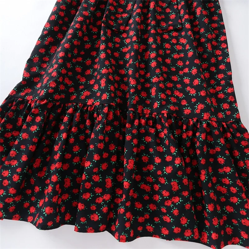 

ZXQJ Women 2021 Chic Fashion Bow Tie Sashes Printed Ruffled Midi Dress Vintage 0-Neck Long Sleeve Female Dresses Mujer
