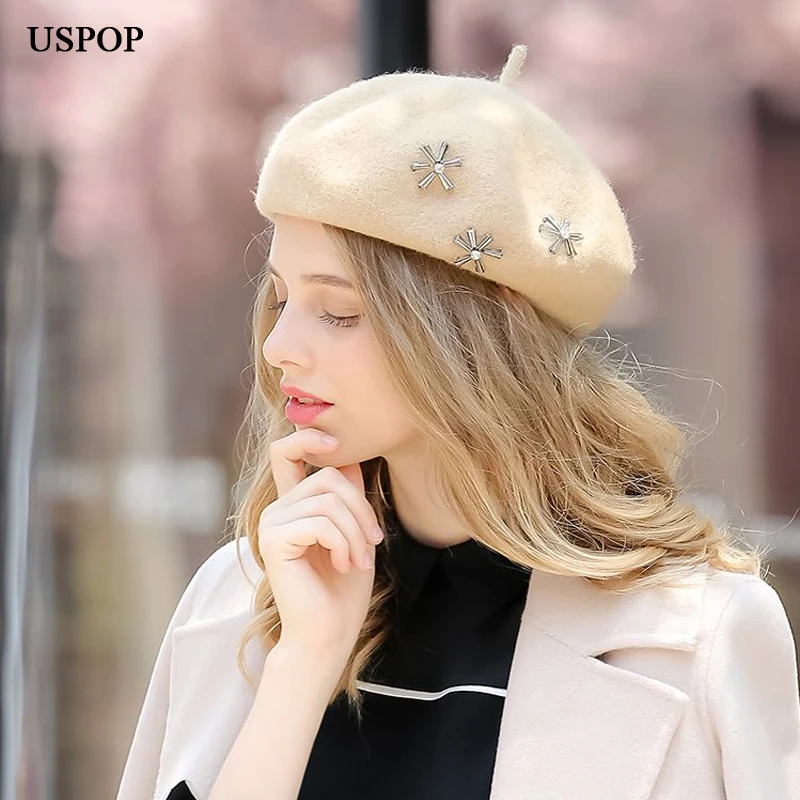 USPOP,, толстые шерстяные береты, женская зимняя шапка, Модный женский берет со стразами, Одноцветный, ручная работа, шапка для художника, шерстяная шапка