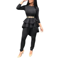women black two piece outfits bodycon long sleeve irregular ruffle tops blouse leggings club birthday party clothes for spring