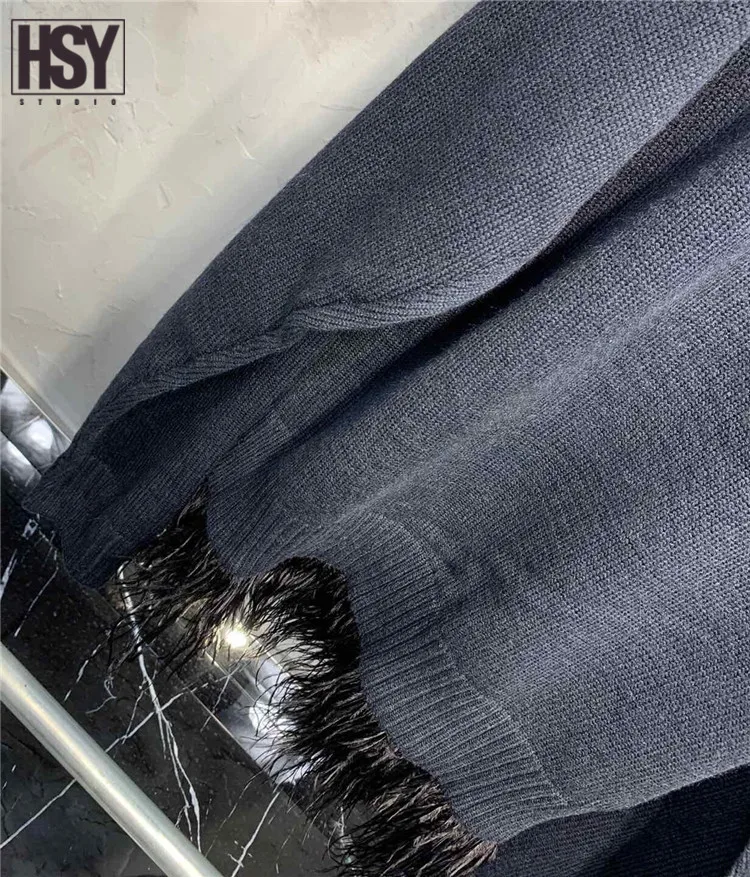 【HSY studo】2019 новый осенний женский топ вязаный с перьями длинным рукавом или без