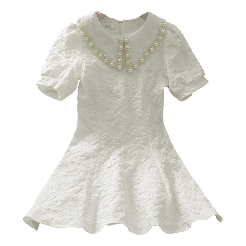 

French Minority Beaded Peter Pan Collar Short Sleeve Solid Color A- line Skirt Women's New High Waist Slimming and Short Dress