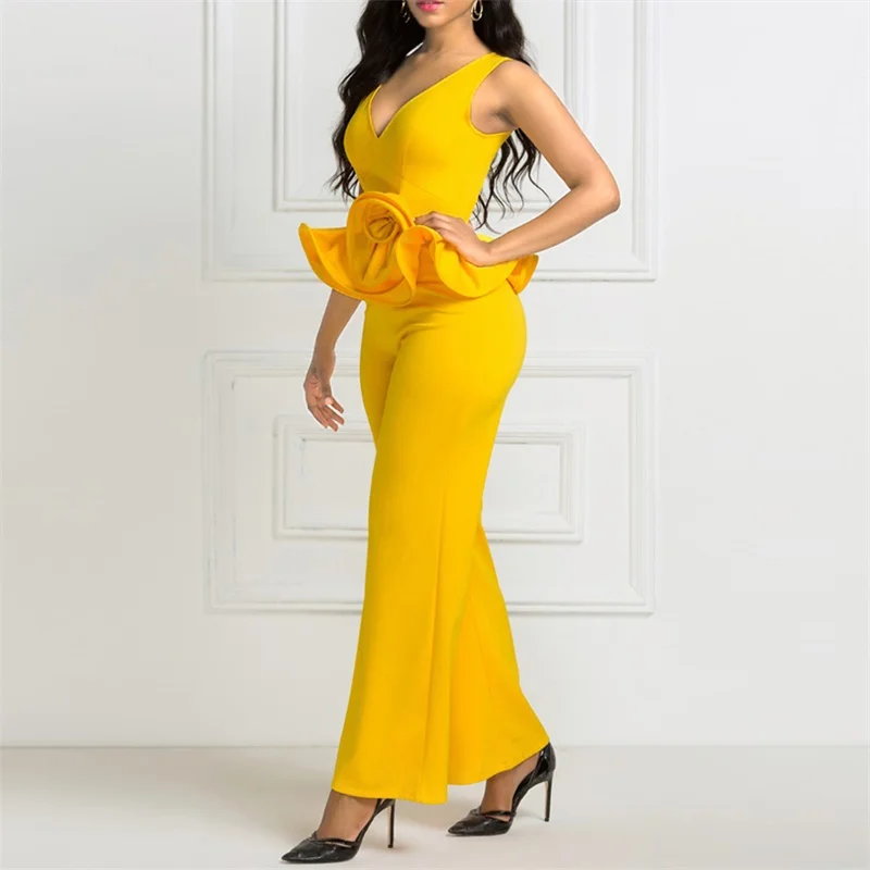 Женский желтый комбинезон элегантные облегающие широкие брюки без рукавов с