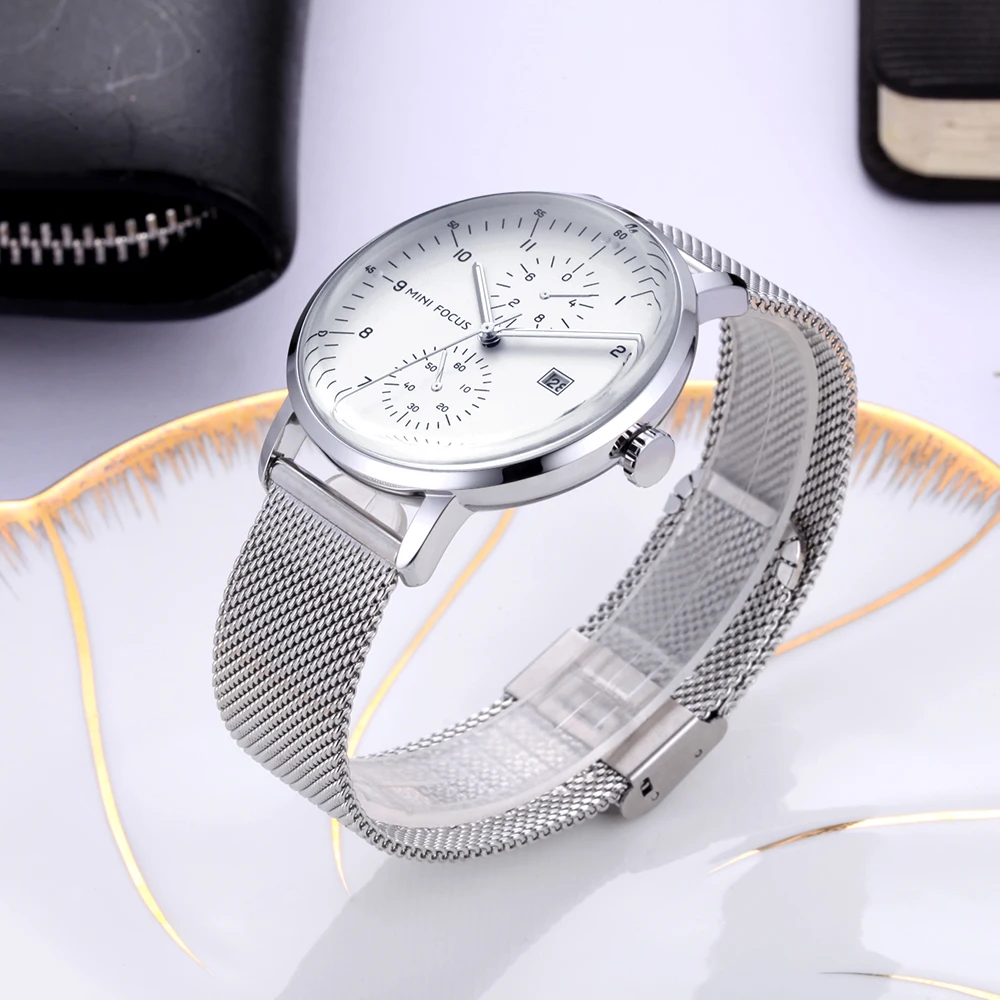 Часы наручные мужские MINI FOCUS s брендовые Роскошные Серебристые Кварцевые