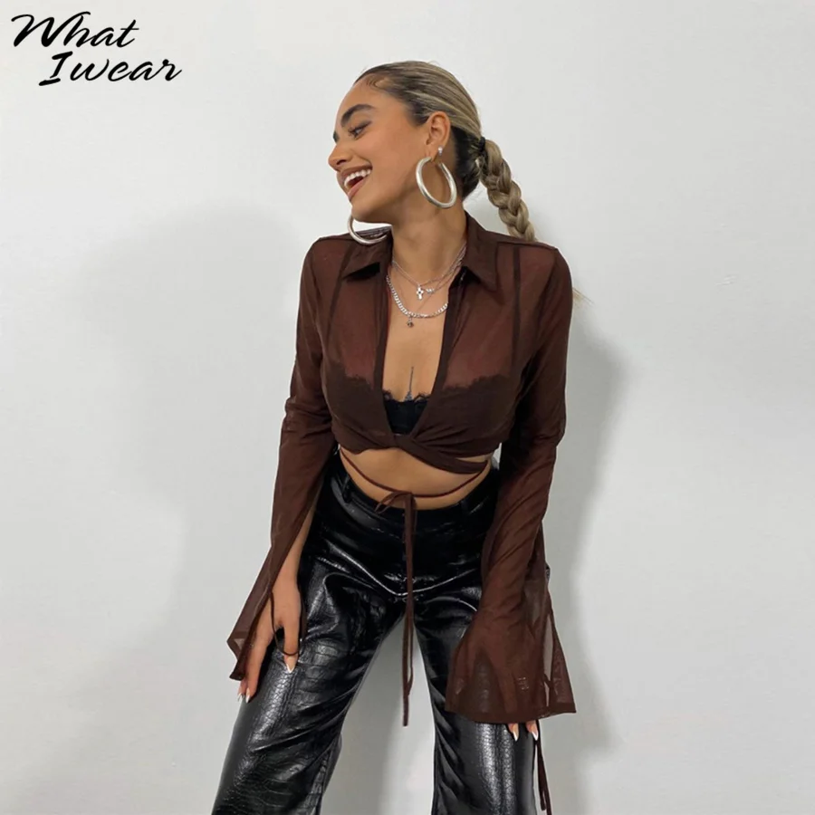

Whatiwear Sexy Mesh See Through Long Sleeve Lapel T-Shirt Women Autumn New Bandage Slim Streetwear Wild Basic Short Top Female