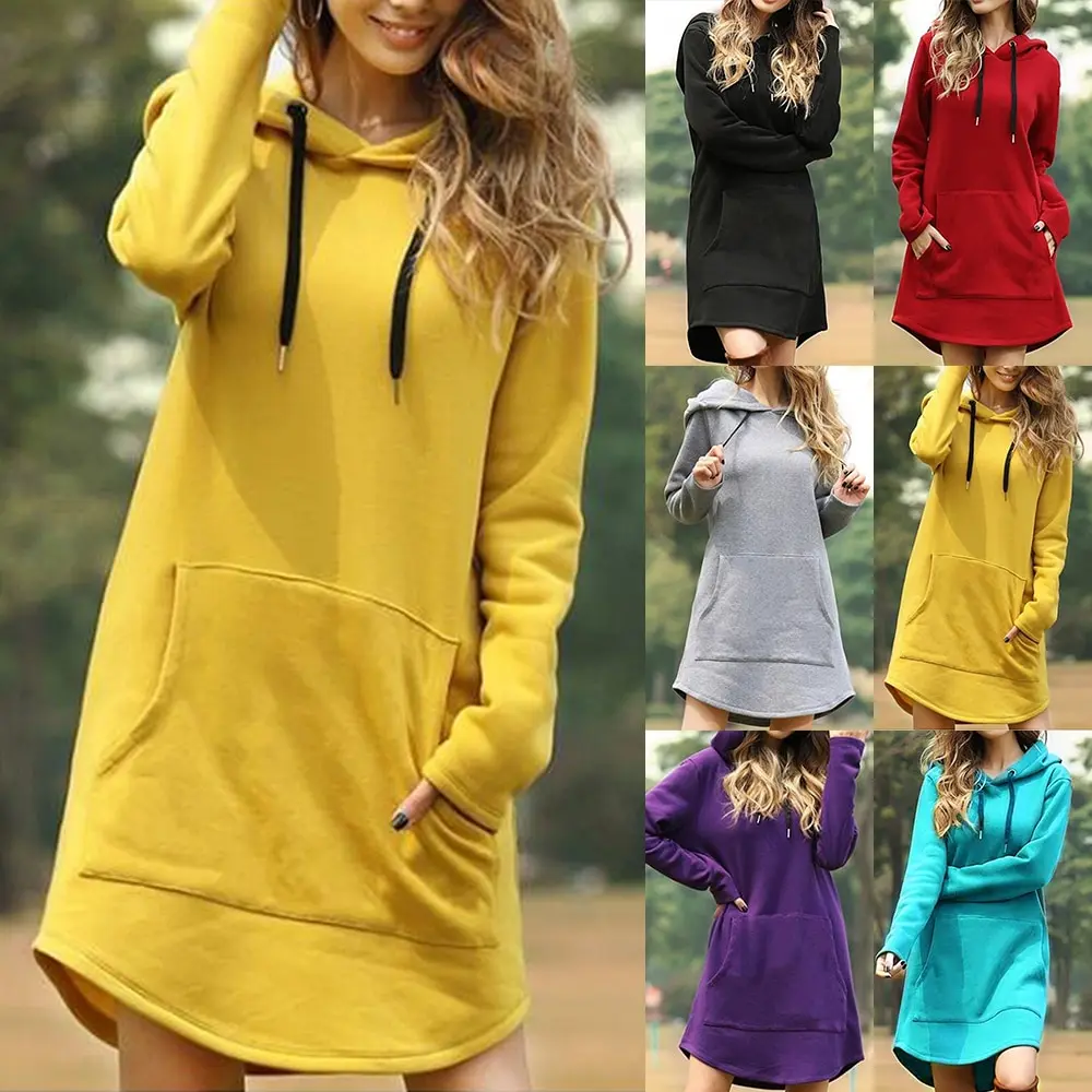 Новинка 2021 Женский пуловер с длинным рукавом и капюшоном карманами платье туника