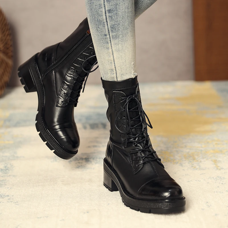 

MORAZORA 2021 New arrival women brand boots genuine leather boots thick heels square toe black color autumn winter ankle boots
