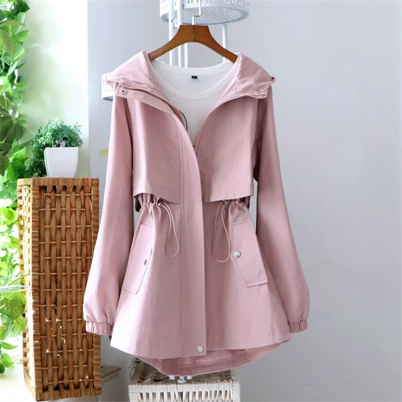

Spring Autumn Women Trench Coat New Large Size Long Sleeve Loose Drawstring Waist Hooded Overcoat Zipper Windbreakers Female 334