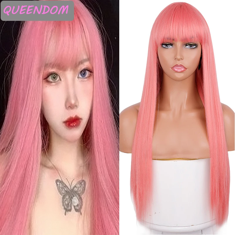

26 Inch Long Straight Pink Wigs with Bangs Natural Synthetic African American Cosplay Wig Heat Resistant Fiber Lolita Wig