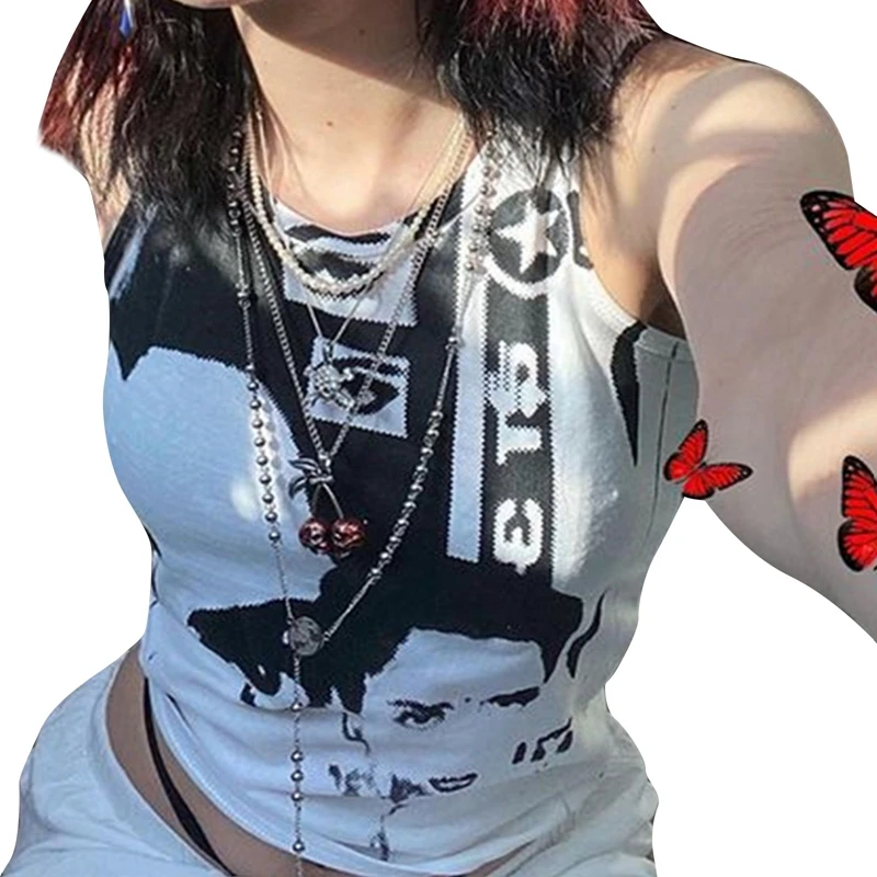 

2021 Ladies Summer Fashion High Street Sexy Camisole Girls Casual Style Portrait Print Round Neck Sleeveless Top Slim Base Shirt