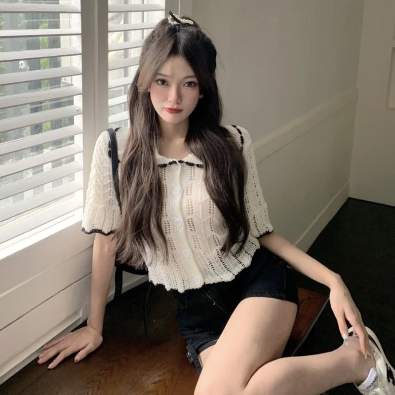 

Crop Top Blouse Women Camisas Mujer Hollow Out Sweet Style Button Up Ulzzang Aesthetic Clothes Korean Fashion Clothing Knitted