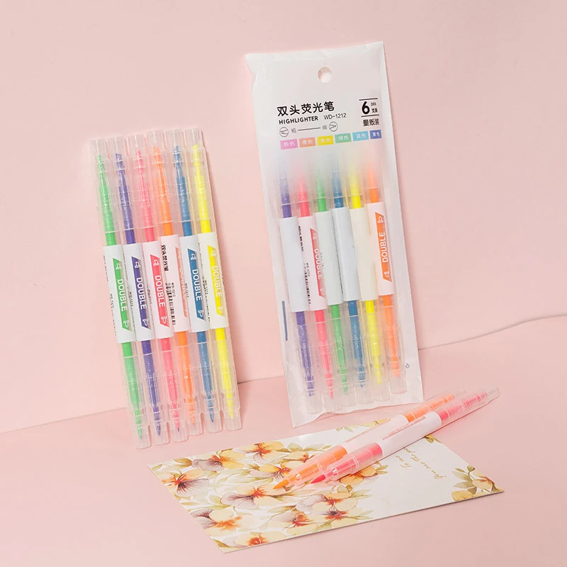 

6pcs Double Side Highlighters with Broad and Fine Tips Assorted Dual-Tips Pens 6 Colors for Student Classroom Office School