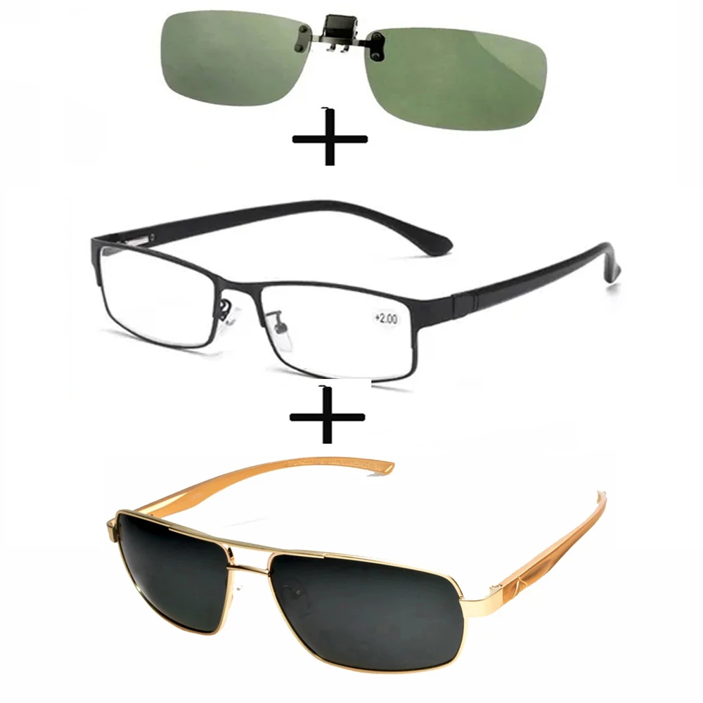 

3 шт.! Прямоугольные металлические черные деловые очки для чтения для мужчин и женщин + поляризованные солнцезащитные очки спортивные металлические + солнцезащитные очки с зажимом