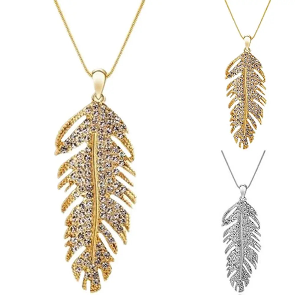 Women's Fashion Bohemian Alloy Rhinestone Feather Pendant Link Chain Vintage Gold Silver Long Necklace Jewelry | Украшения и