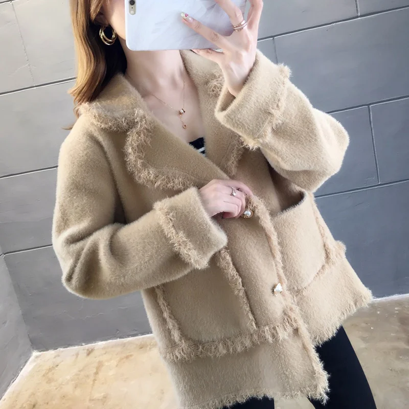 

Женский кардиган Новая Осенняя женская одежда Топ короткий свитер из искусственного меха норки пальто Женский универсальный на весну и осе...