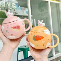 korean cute cartoon ceramic mug lovely carrot girl breakfast coffee milk cup with lid spoon kawaii mug