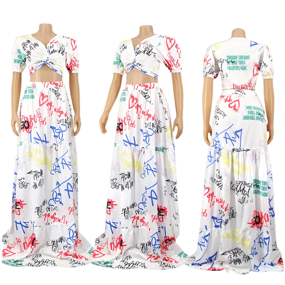 

New fashion pattern print casual 2-piece set slim V-neck short sleeve shirt and long skirt women's set