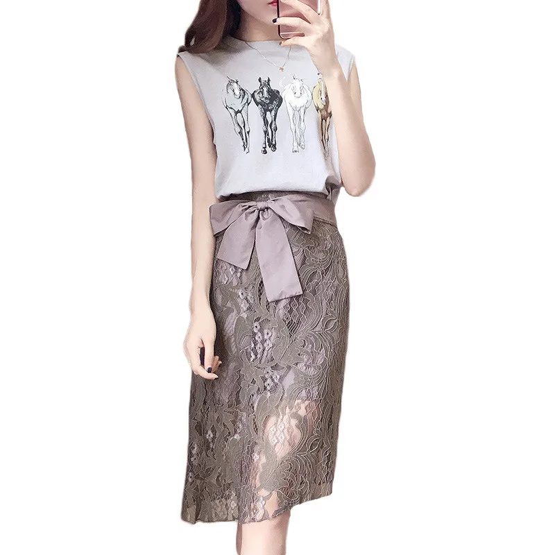 

Skirt Suit For Women Summer Korean Lady Temperament Commute Sleeveless Printed Top And Lace Skirt With Bow Two-piece Suit LR1544