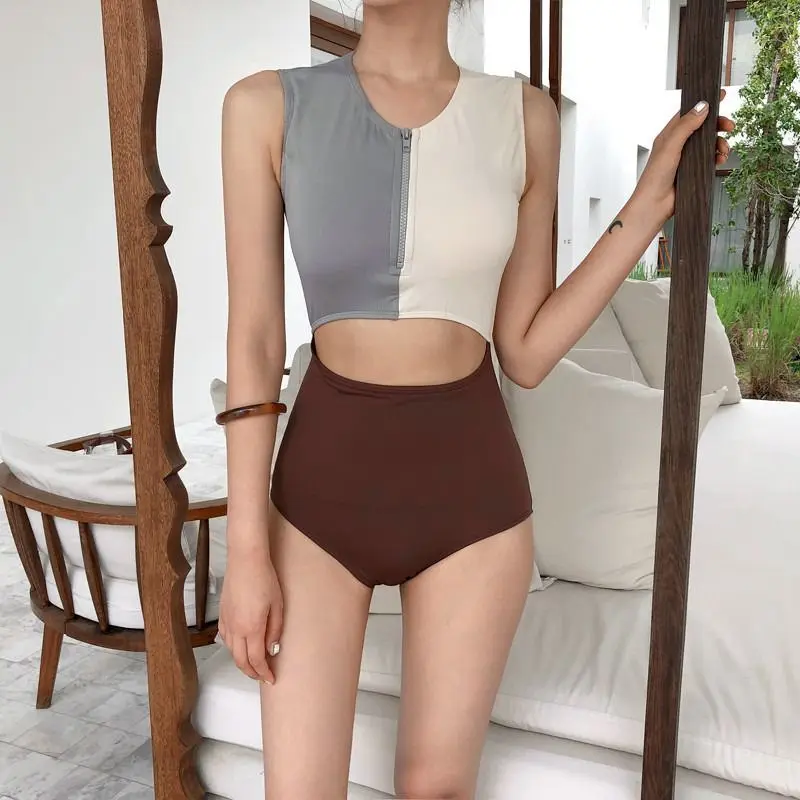 Сексуальный женский купальник с завышенной талией на молнии ажурные трусики