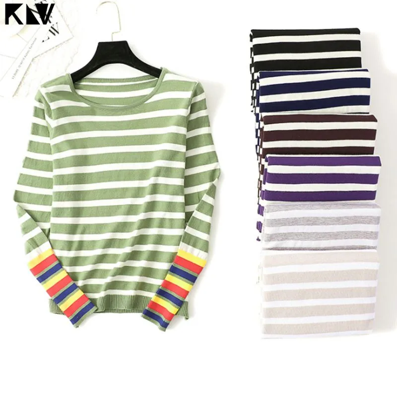 Женский Осенний вязаный свитер KLV с длинным рукавом и круглым вырезом полосатый