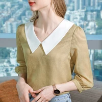 summer clothes for women 2021 new fashion elegant polyester chiffon shirt v neck lantern sleeve contrast color plaid loose top