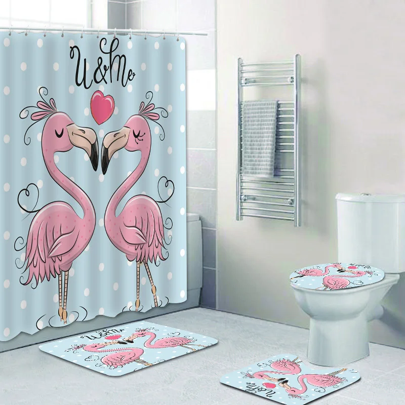 

Cute Unicorn Flamingo Couple Heart Shower Curtain and Bath Rug Set Owl Frog Animal Love Bathroom Curtains Wedding Valentine Gift