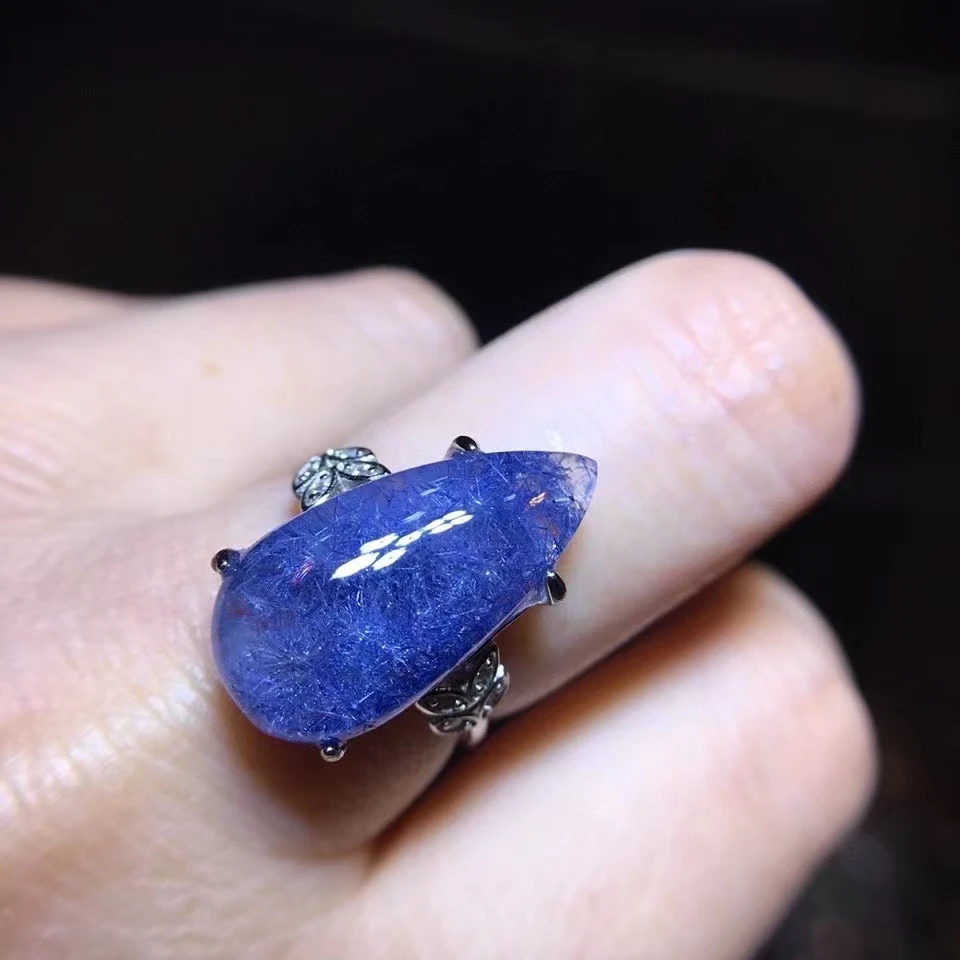 

Genuine Natural Blue Dumortierite Rutilated Quartz Ring Crystal Silver Adjustable 21/10.6mm Woman Men Stone Rings Jewelry AAAAA